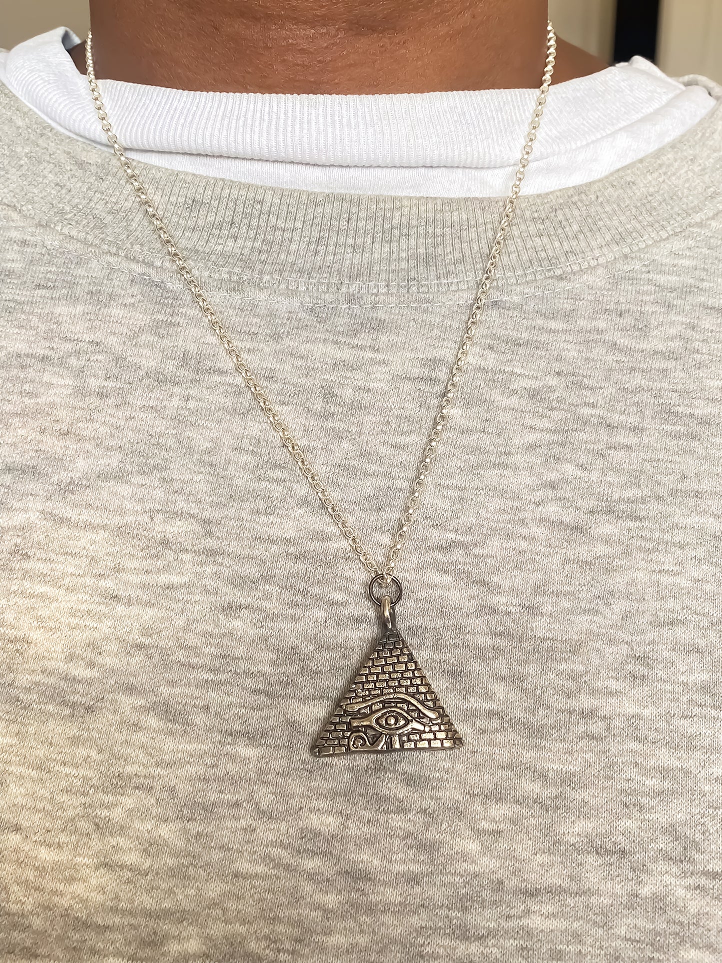 Spiritual Horus Eye Pyramid Pendant in oxidised silver or gold, inspired by ancient Egyptian jewellery