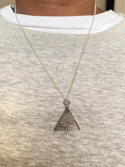 Spiritual Horus Eye Pyramid Pendant in oxidised silver or gold, inspired by ancient Egyptian jewellery