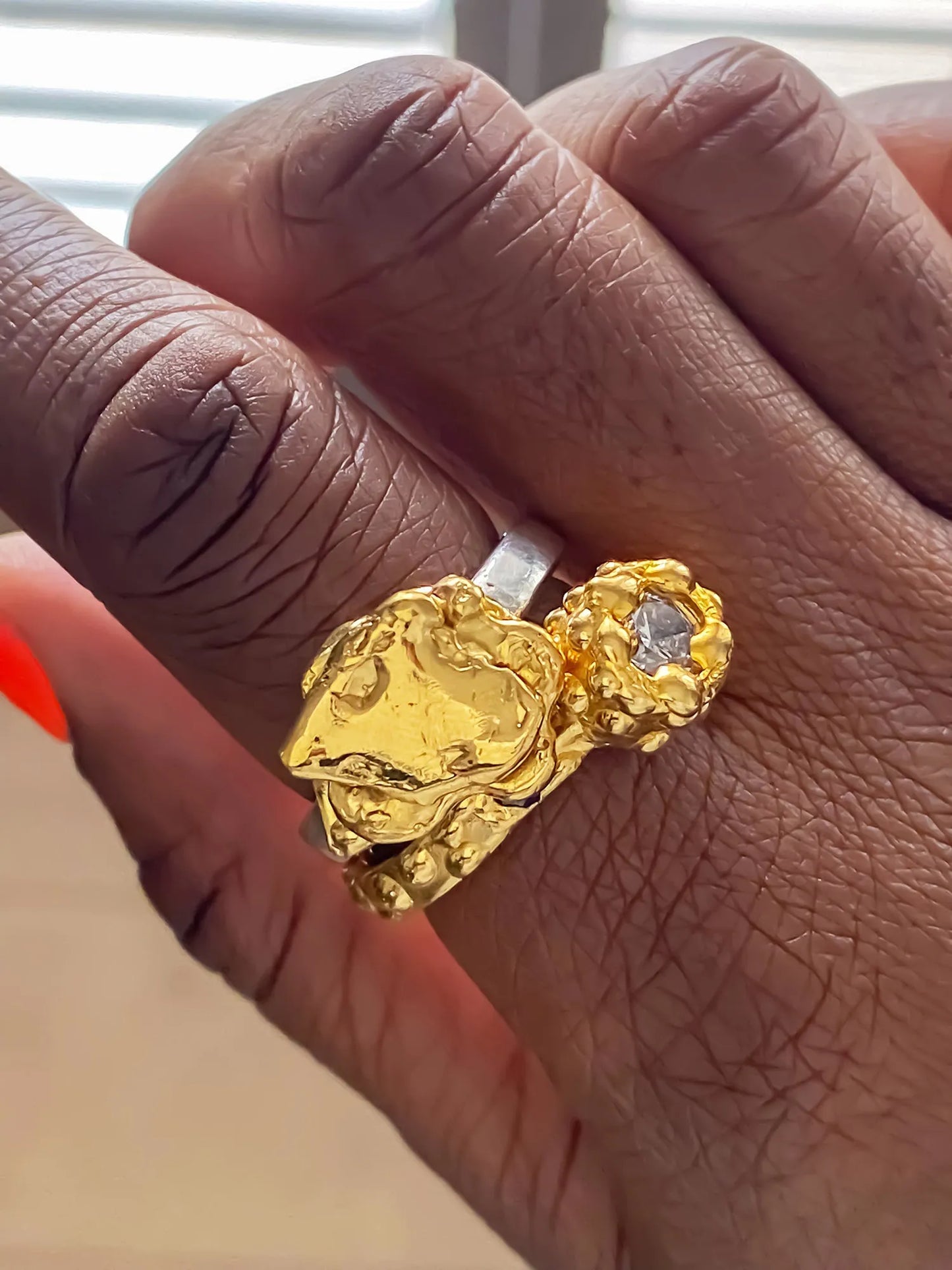 Premium "Flower" ring handmade in premium metal, classic design, worn view