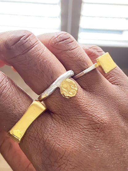 Artisan handmade gold ring set with geometric flair and coin detailing by MOCA Jewellery.