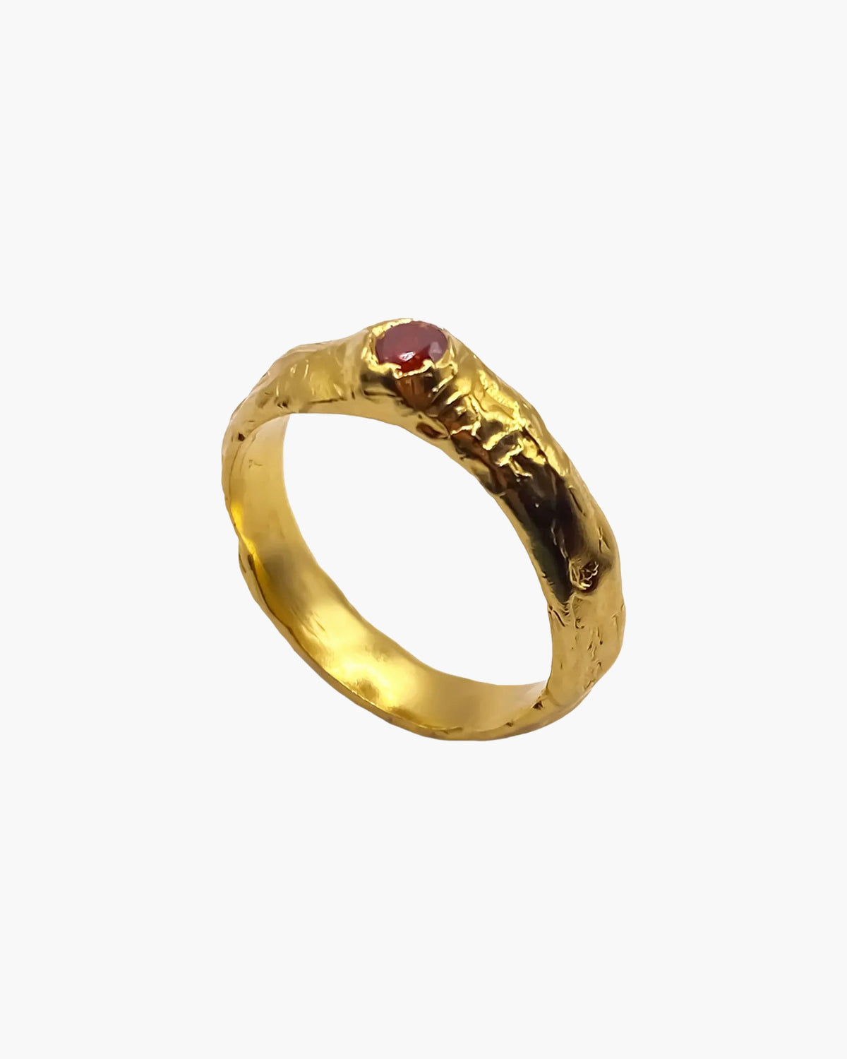 Gold vermeil Obi Ring with a pink stone at an angle
