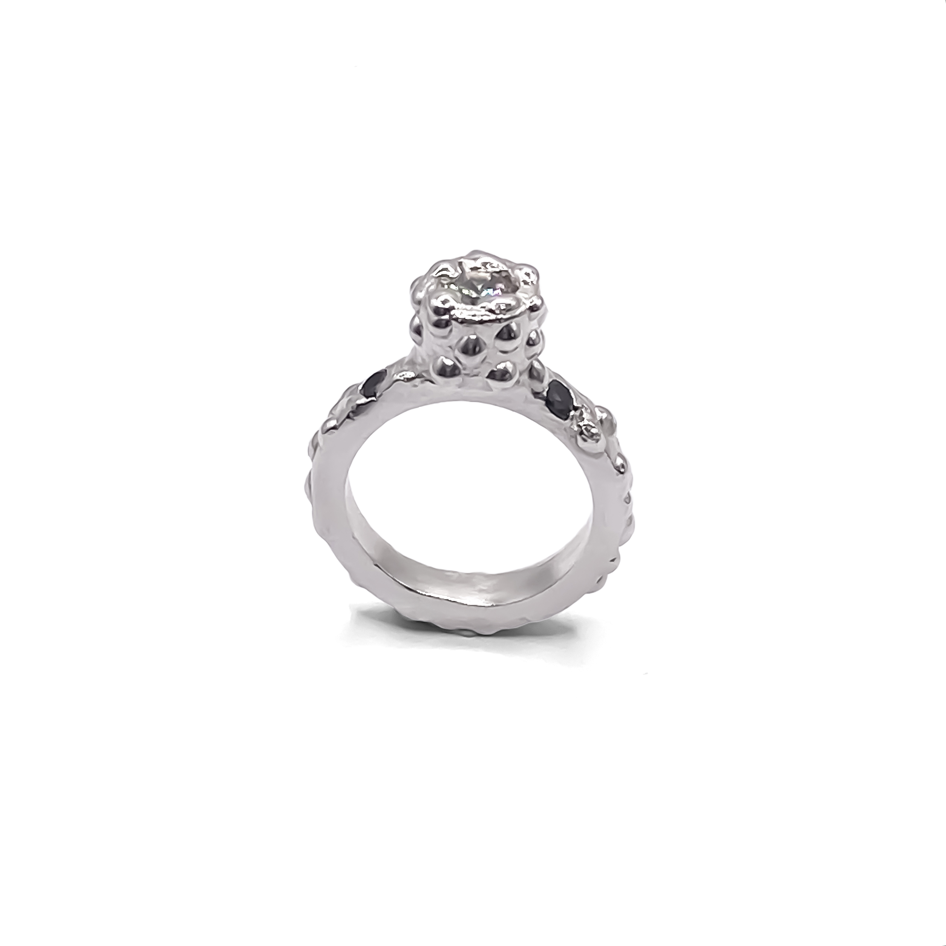 High-polish top view of Orbit Ring with gemstone detail - abstract, bold white and black gemstones gold or silver free shipping