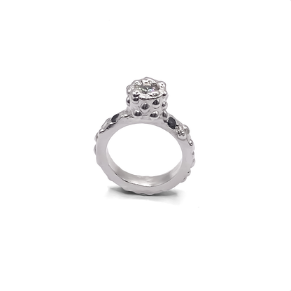 High-polish top view of Orbit Ring with gemstone detail - abstract, bold white and black gemstones gold or silver free shipping