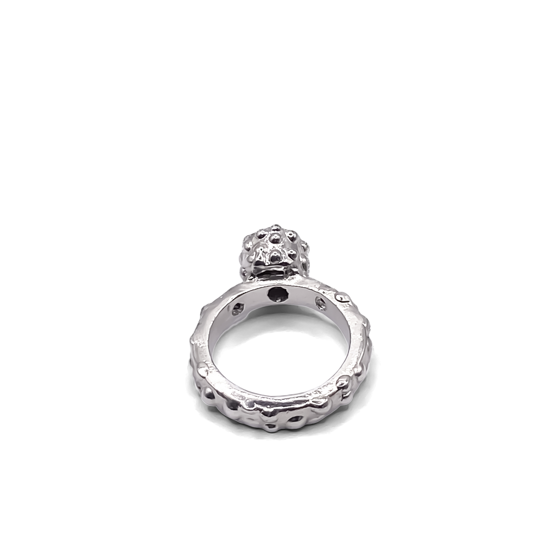 Side sculptural view of Orbit Ring showing dot band - abstract, bold white and black gemstones gold or silver free shipping