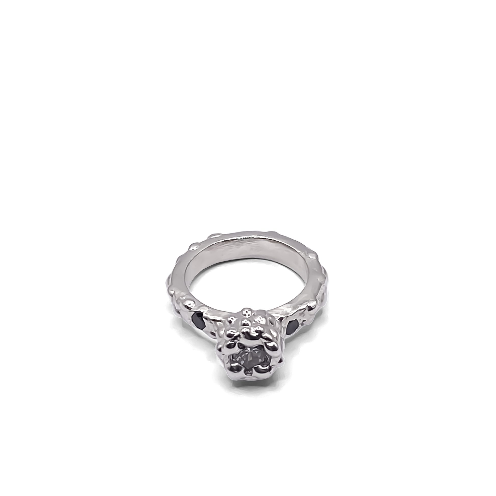 Orbit Ring dotted band in silver frontal studio view - abstract, bold white and black gemstones gold or silver free shipping