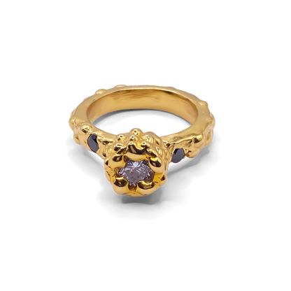Modern and bold Orbit Ring featuring gold band with textured dots and gemstone by MOCA Jewellery