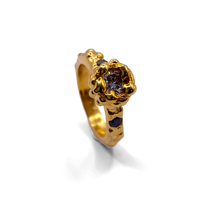 Abstract gold Orbit Ring with dotted band and gemstone focal point, handmade by MOCA Jewellery