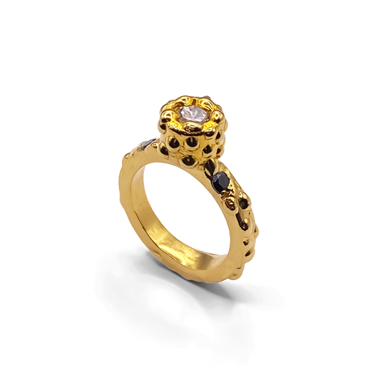 Elegant gold Orbit Ring with sculptural form, dotted gemstone band and handmade style by MOCA Jewellery