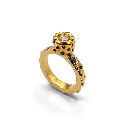 Elegant gold Orbit Ring with sculptural form, dotted gemstone band and handmade style by MOCA Jewellery
