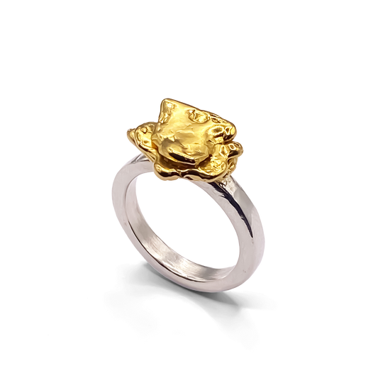 Organic-shaped statement gold flower ring handmade by MOCA Jewellery, bold sculptural style with free UK shipping