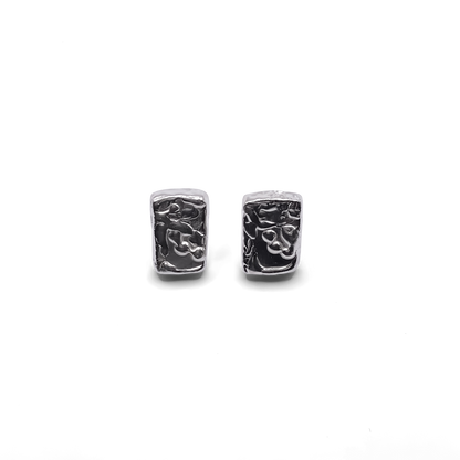 Pair of rectangular sculpted earrings, sleek textured silver finish, minimal jewellery with delicate aesthetic and free shipping