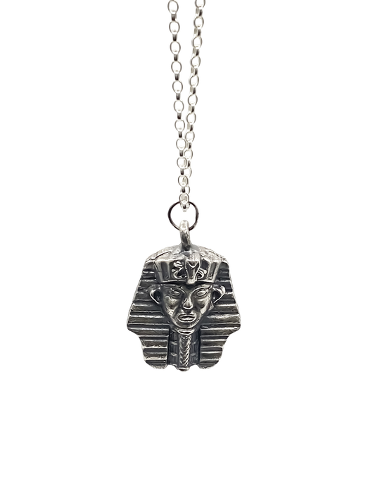 Close-up of Pharaoh Pendant showing cast detailing - oxidised Egyptian African gold or silver free shipping