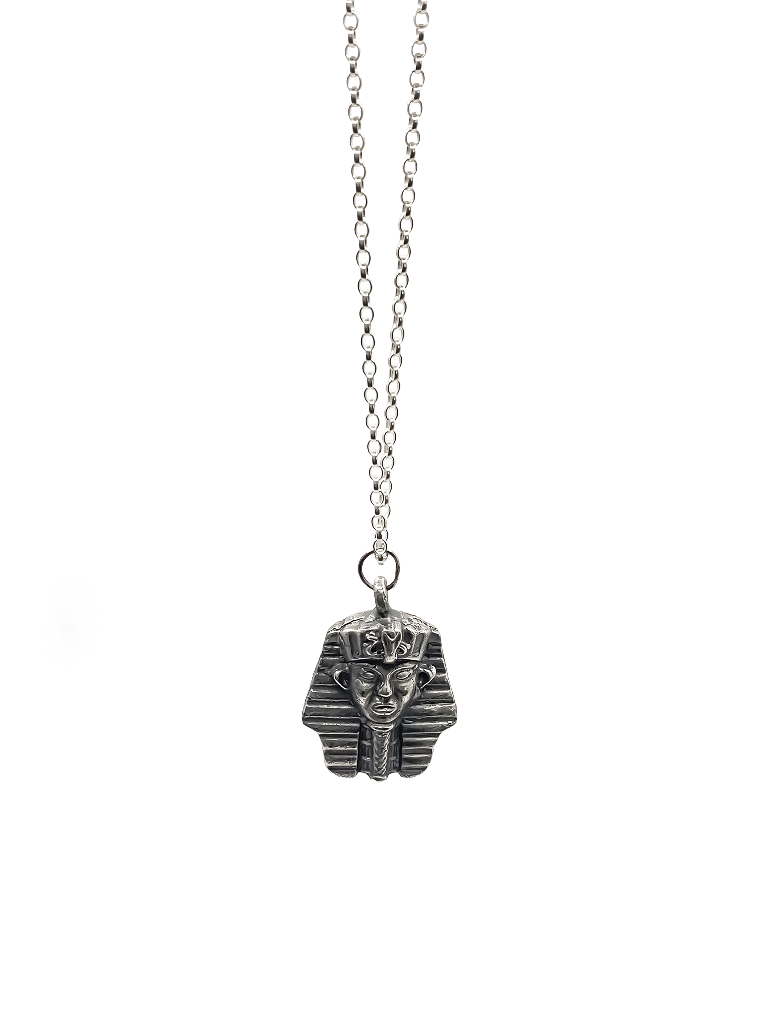 Side view of Pharaoh Pendant on chain - oxidised Egyptian African gold or silver free shipping