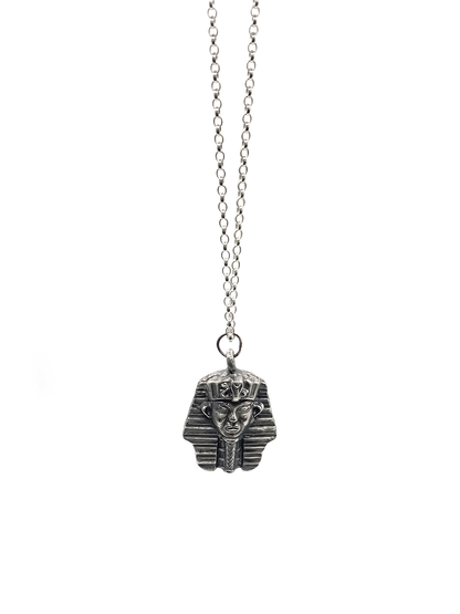 Side view of Pharaoh Pendant on chain - oxidised Egyptian African gold or silver free shipping