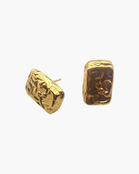 Premium Rectangular Sculpted Earrings handmade in premium metal, classic design, worn view