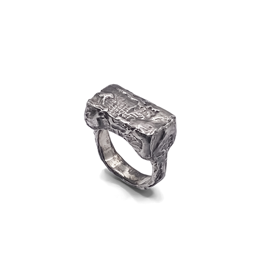 Rippled Signet Ring in oxidised textured silver with unique design and free shipping available