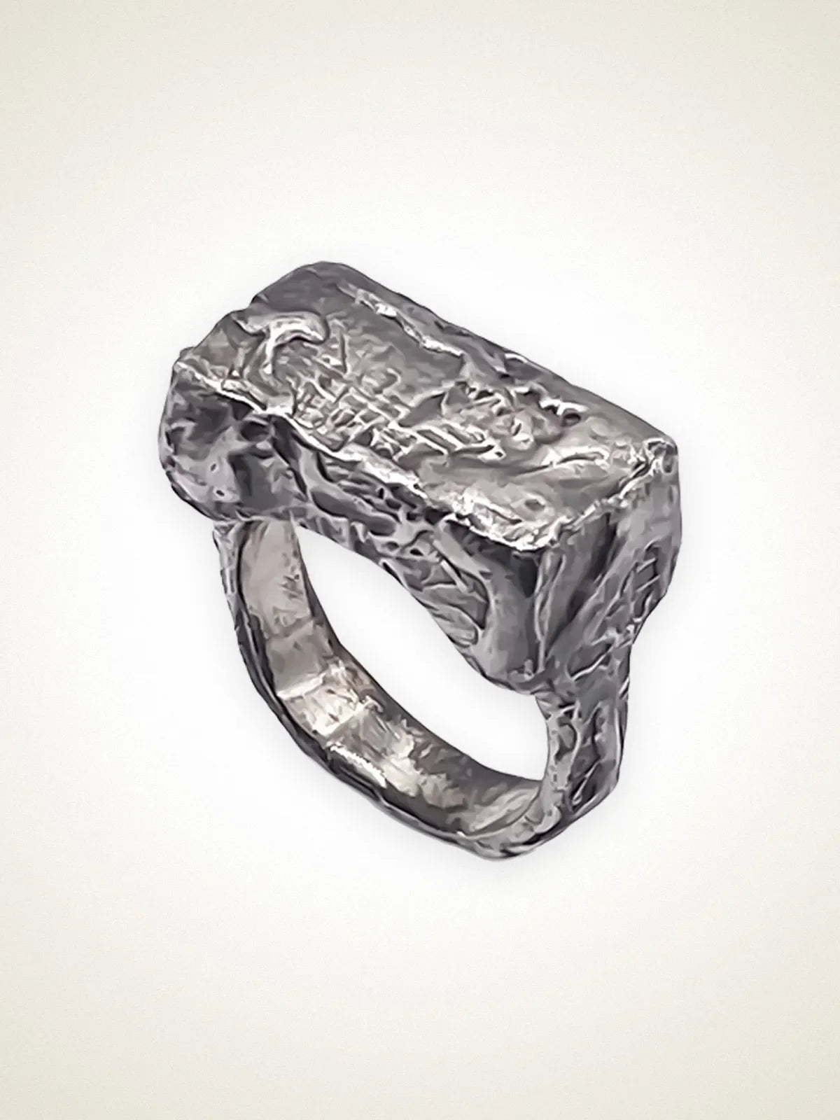 Rippled Signet Ring designer ring in Patina, square face, side view