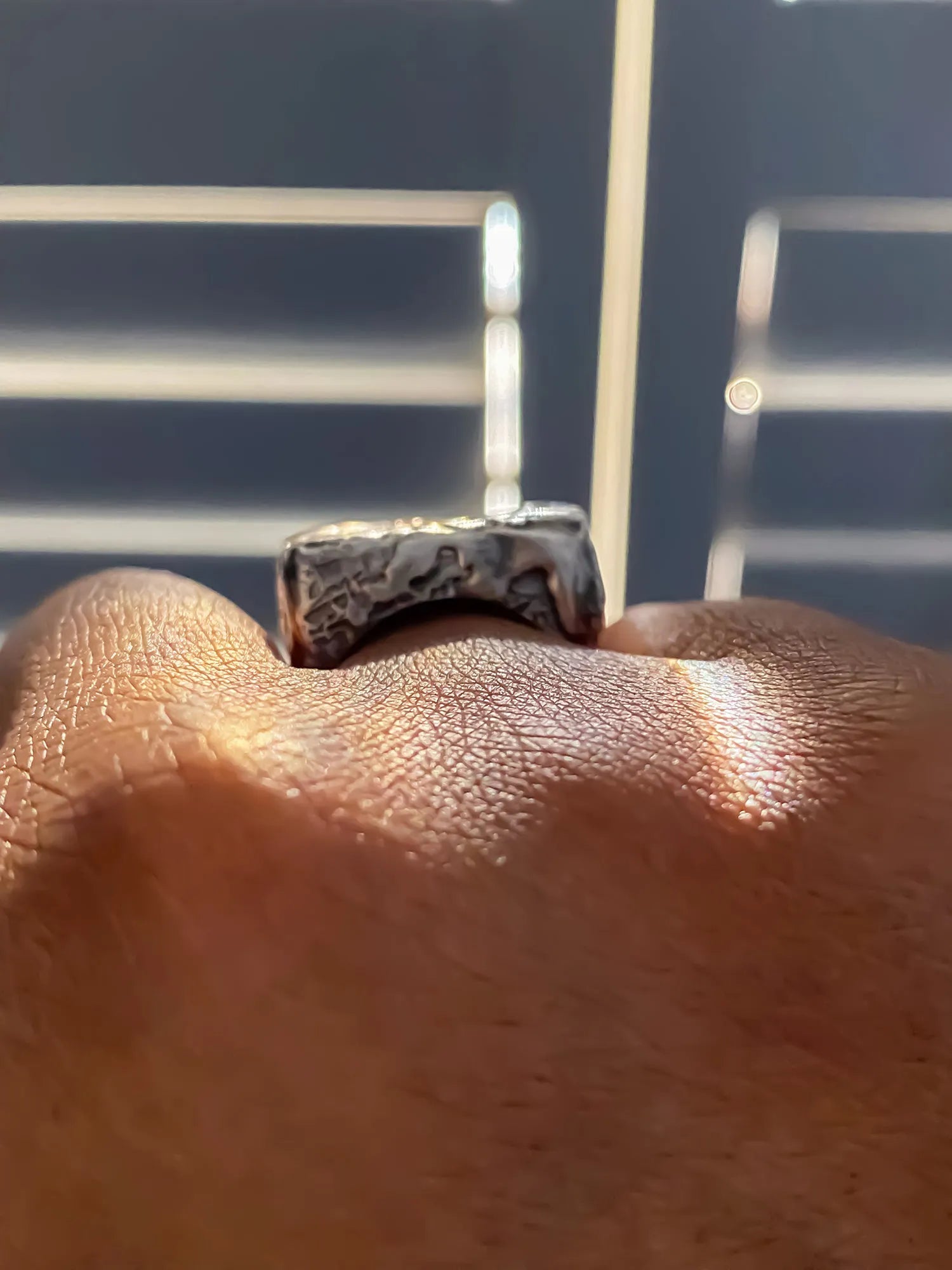 Rippled Signet Ring artisan designer ring in Patina, bold design, different perspective