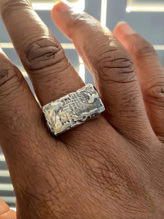 Rippled Signet Ring handmade luxury ring, Patina finish, smooth polished surface, close-up