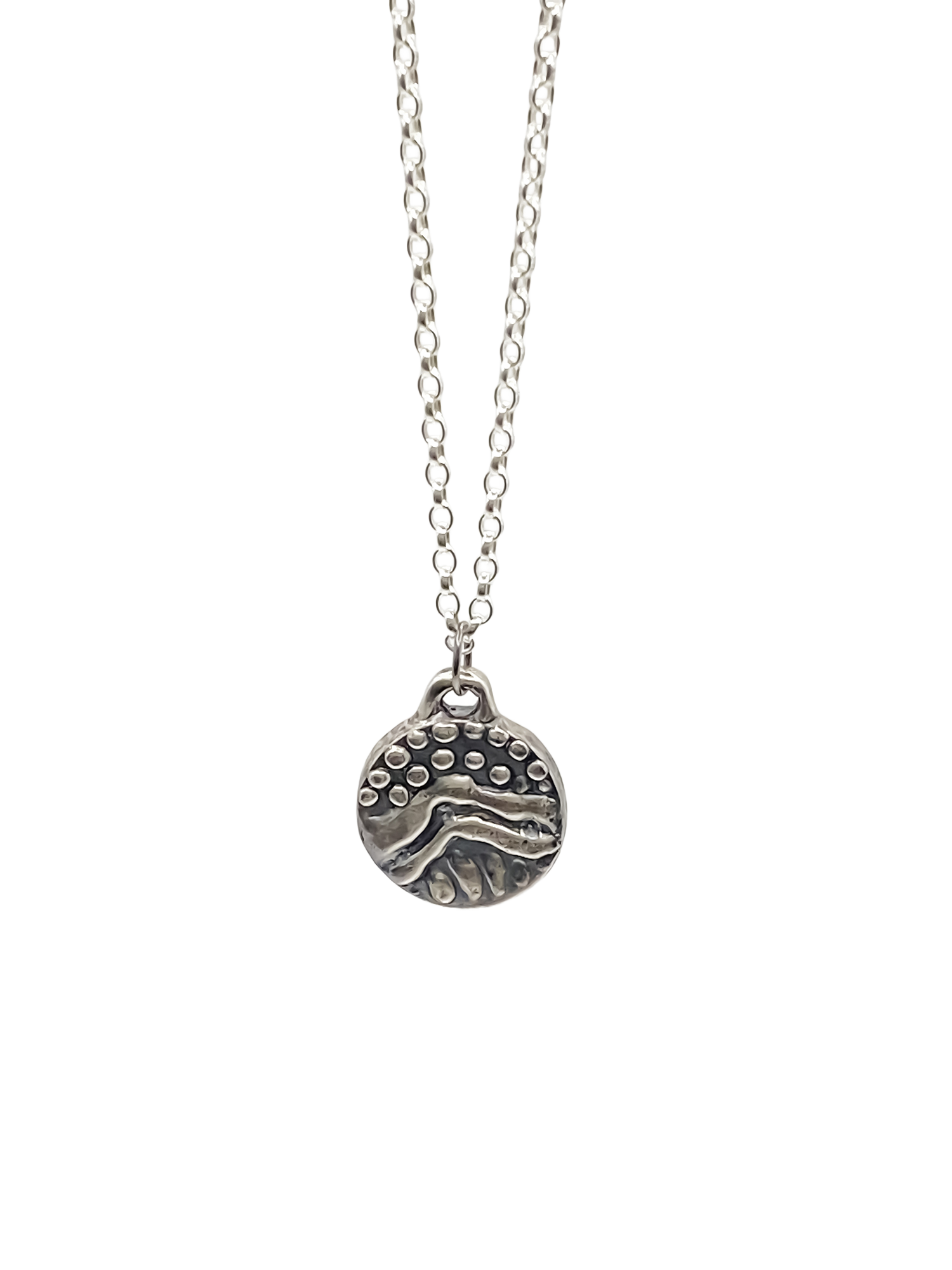 Detailed view of Round Dotty Pendant surface - textured, happy buddha, oxidised organic texture gold or silver free shipping