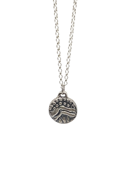 Detailed view of Round Dotty Pendant surface - textured, happy buddha, oxidised organic texture gold or silver free shipping