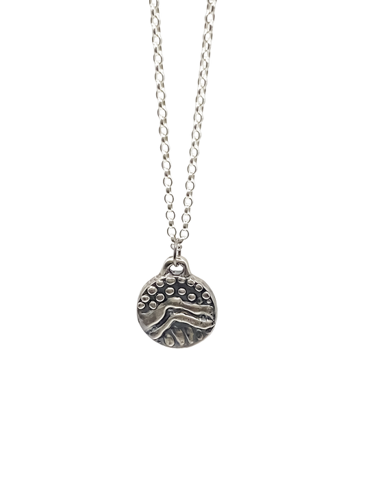 Detailed view of Round Dotty Pendant surface - textured, happy buddha, oxidised organic texture gold or silver free shipping