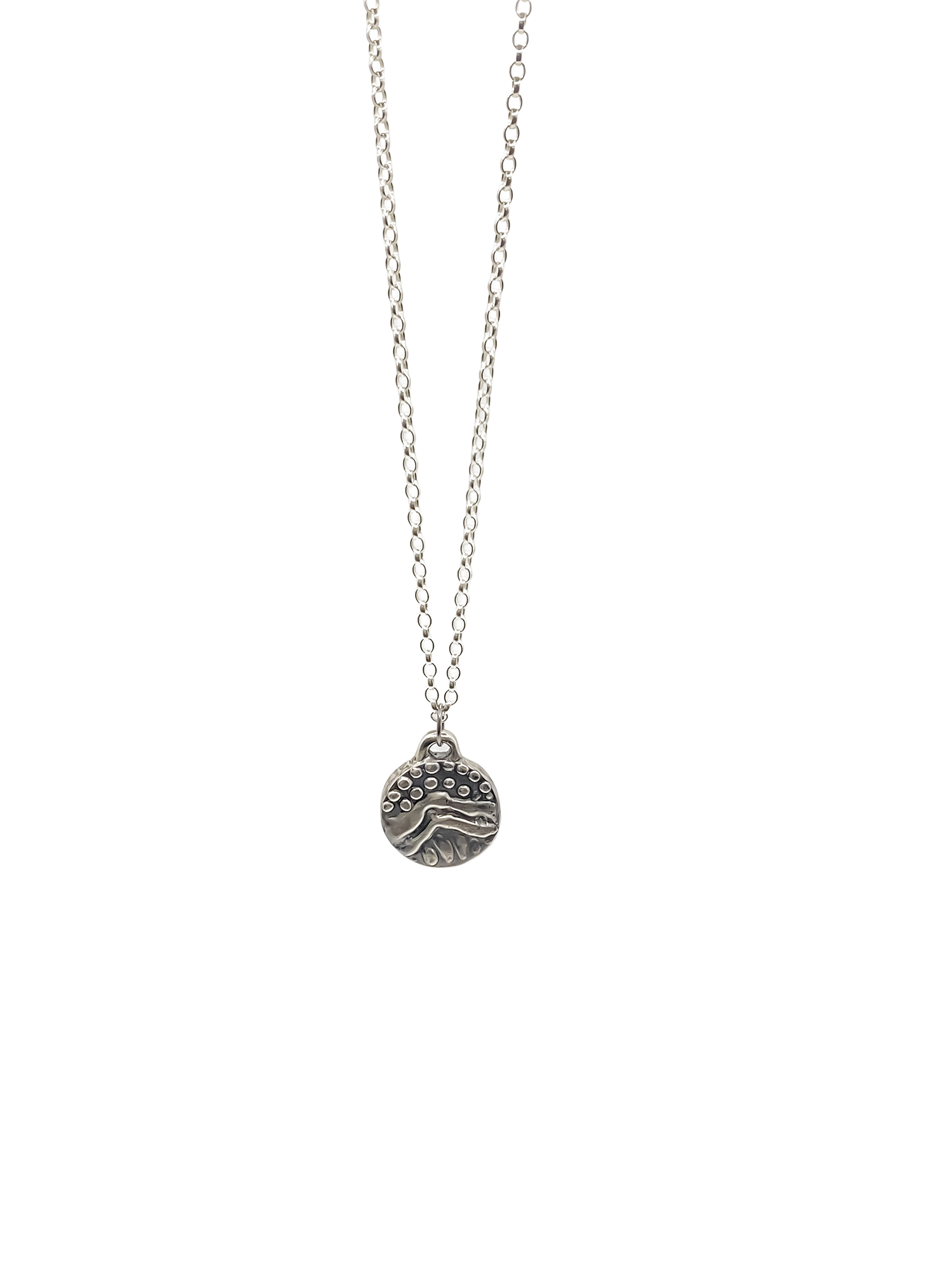 Round Dotty Pendant frontal view on chain - textured, happy buddha, oxidised organic texture gold or silver free shipping