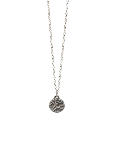 Round Dotty Pendant frontal view on chain - textured, happy buddha, oxidised organic texture gold or silver free shipping
