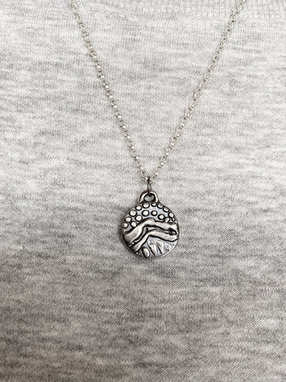 Round Dotty Pendant styled and worn on grey knit - textured, happy buddha, oxidised organic texture gold or silver free shipping