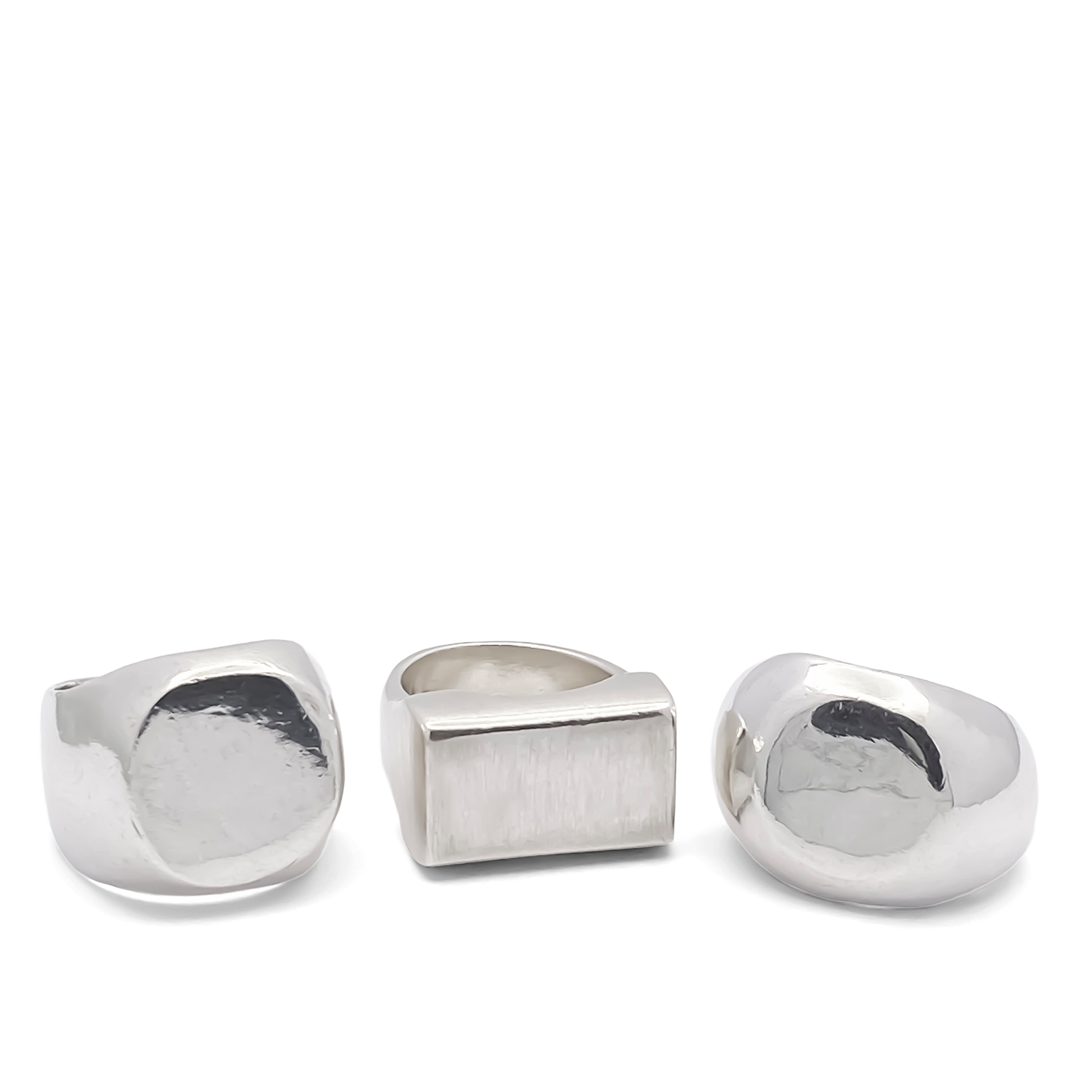 Group shot of Square Round Signet Rings in gold and silver, classic smooth style, free shipping