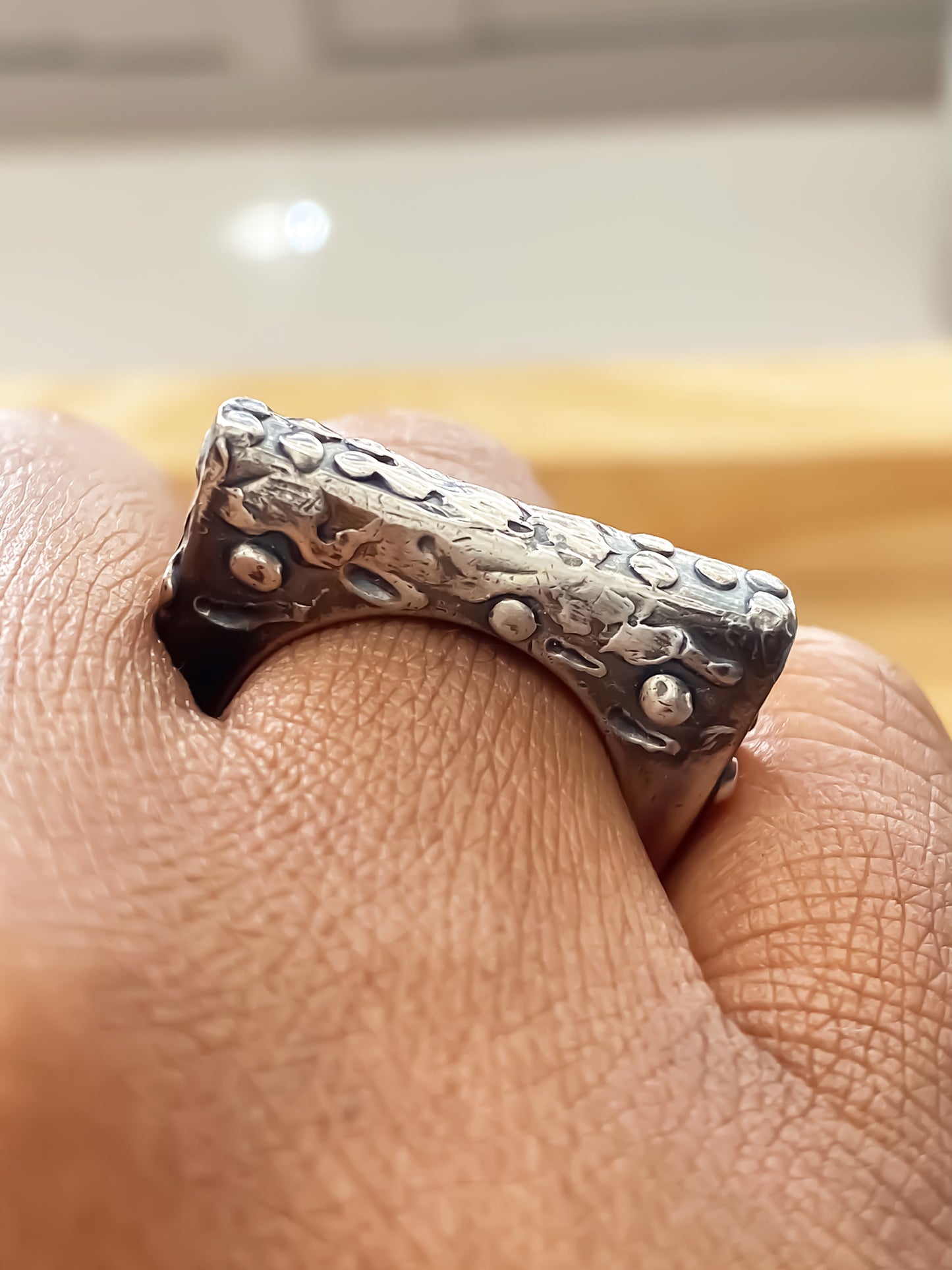 Slender unique Textured Ring oxidised gold or silver with a distinctive design from Moca Jewellery