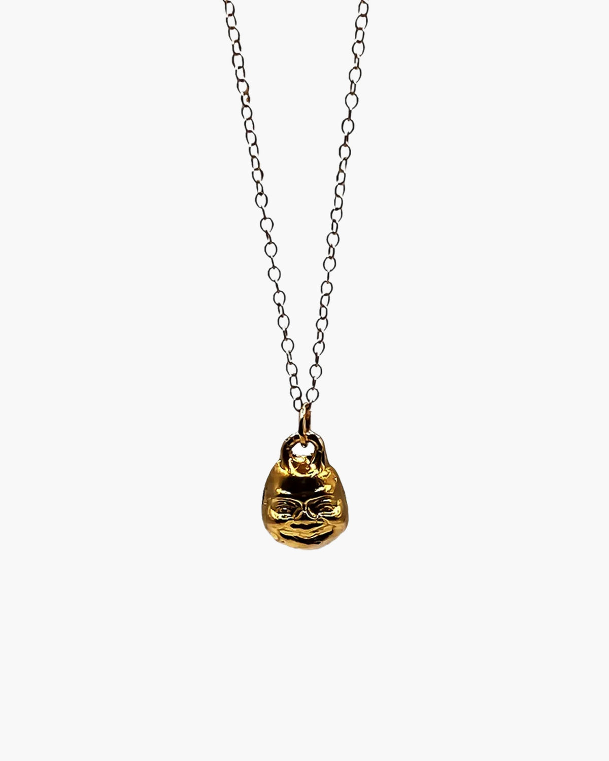 Handmade Small Buddha Face Necklace luxury jewelry, Patina, mindfulness jewelry, front view
