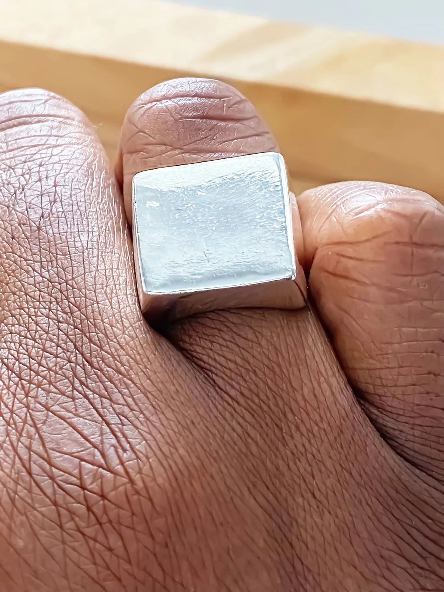 Small Square Signet Ring artisan designer ring in 18ct Gold Vermeil, bold design, different perspective