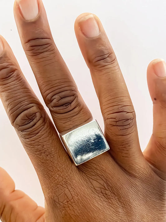 Small Square Signet Ring handmade luxury ring, Sterling silver finish, smooth polished surface, close-up