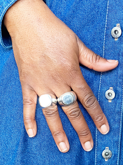 Group shot of Square Round Signet Rings in gold and silver, classic smooth style, free shipping