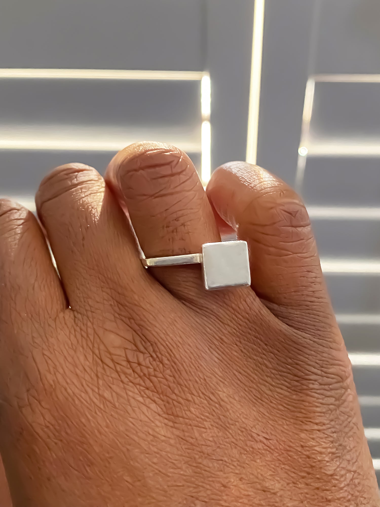 Golden tone Square Top Signet Ring on hand - sleek design minimal gold or silver free shipping