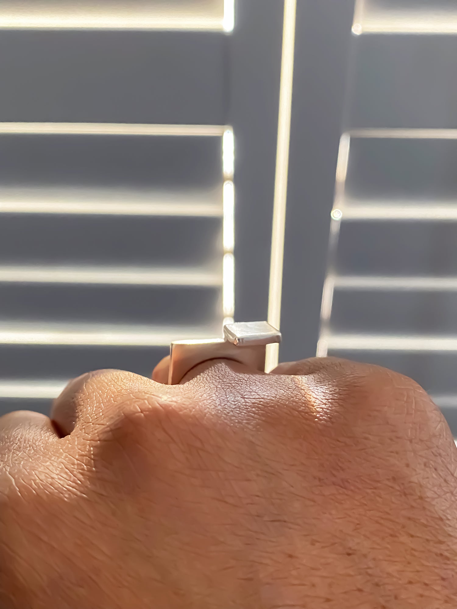 Square Top Signet Ring worn in soft natural light - sleek design minimal gold or silver free shipping