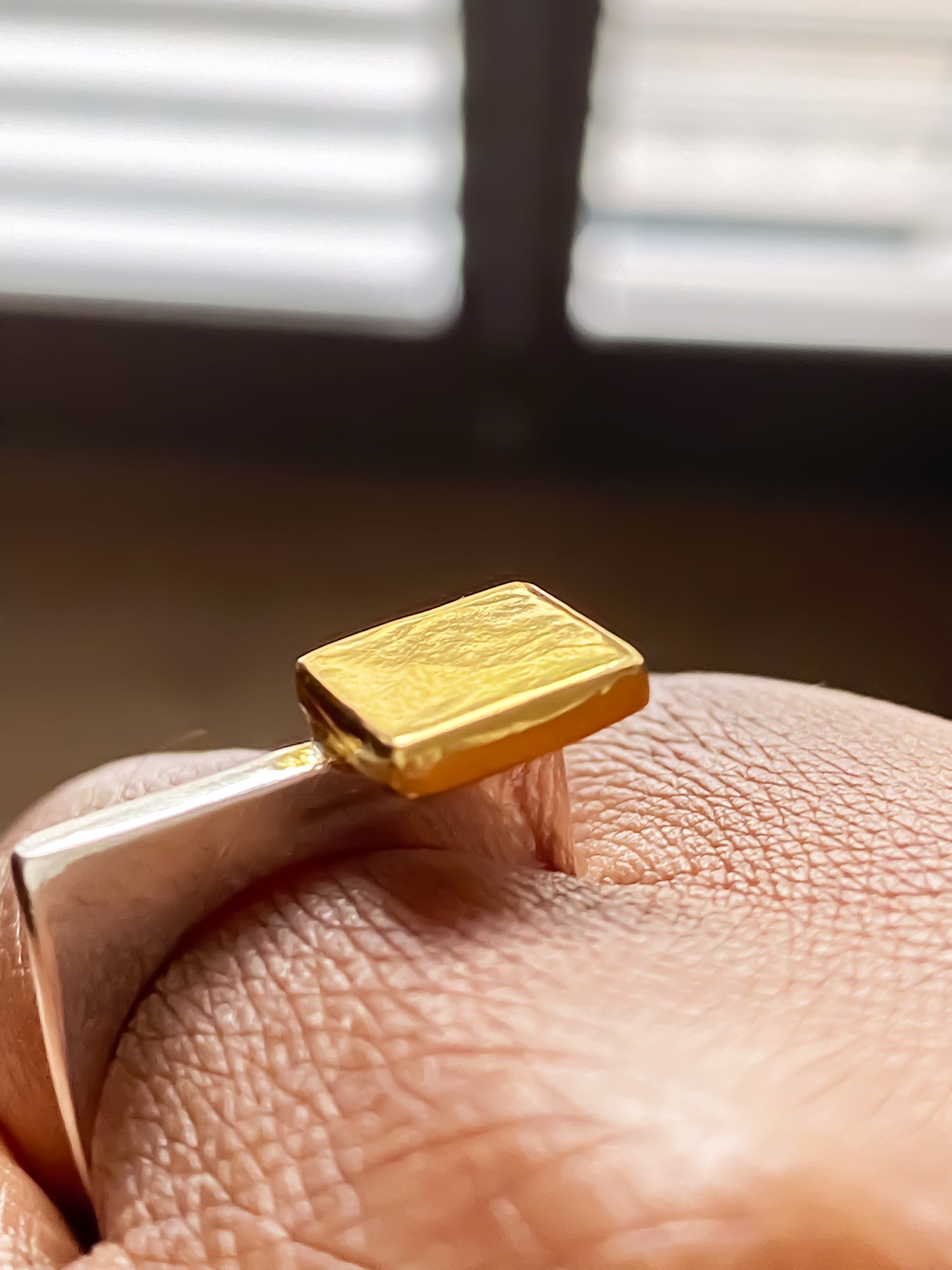 Textured gold square ring with silver band, handmade modern piece from MOCA Jewellery
