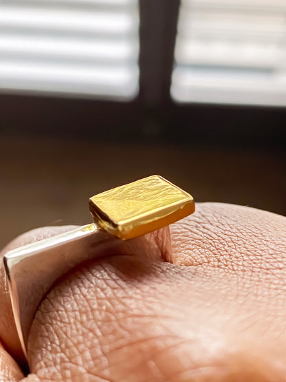Textured gold square ring with silver band, handmade modern piece from MOCA Jewellery
