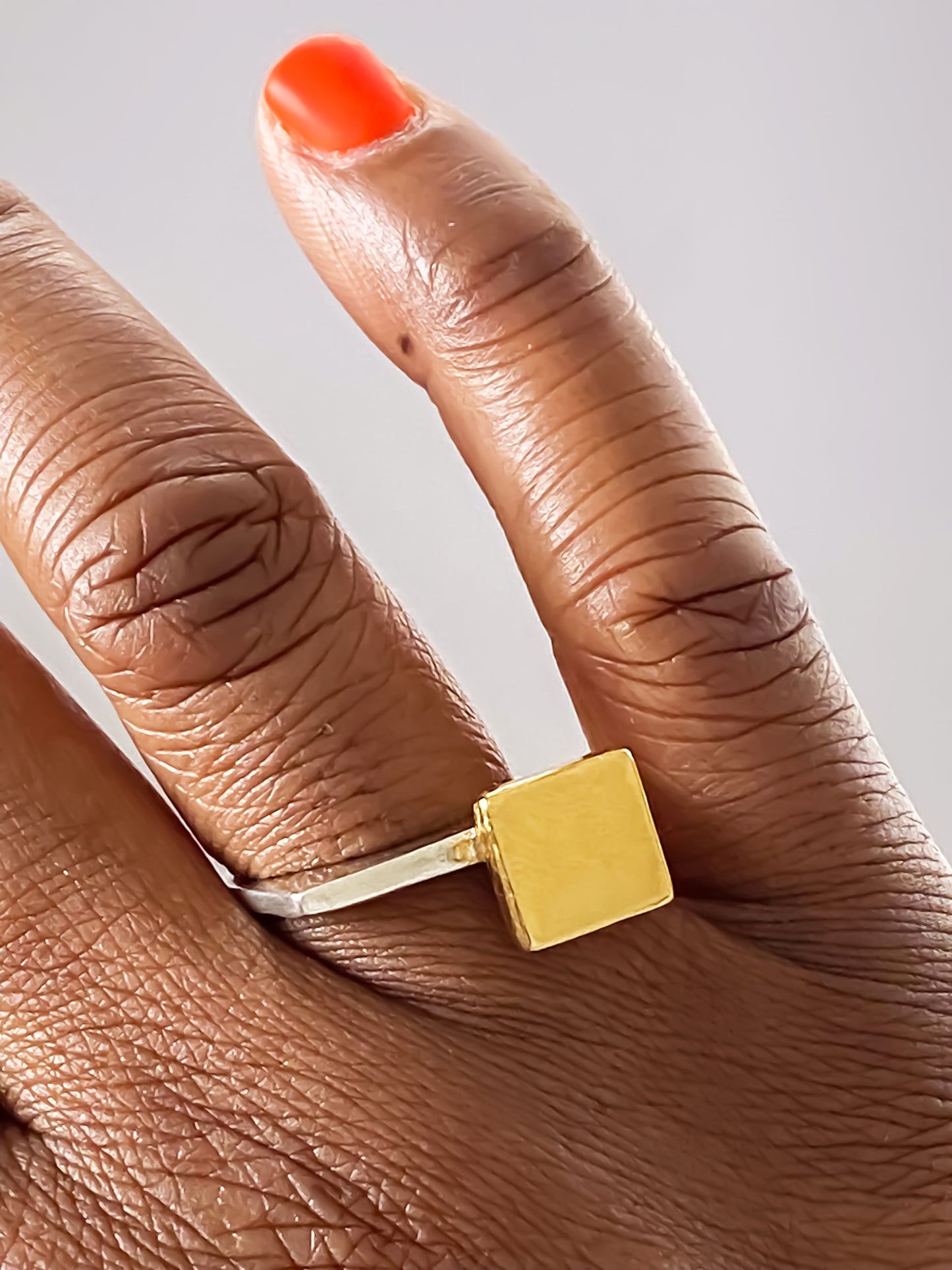 Minimalist square top statement ring, handmade in silver and gold, MOCA Jewellery