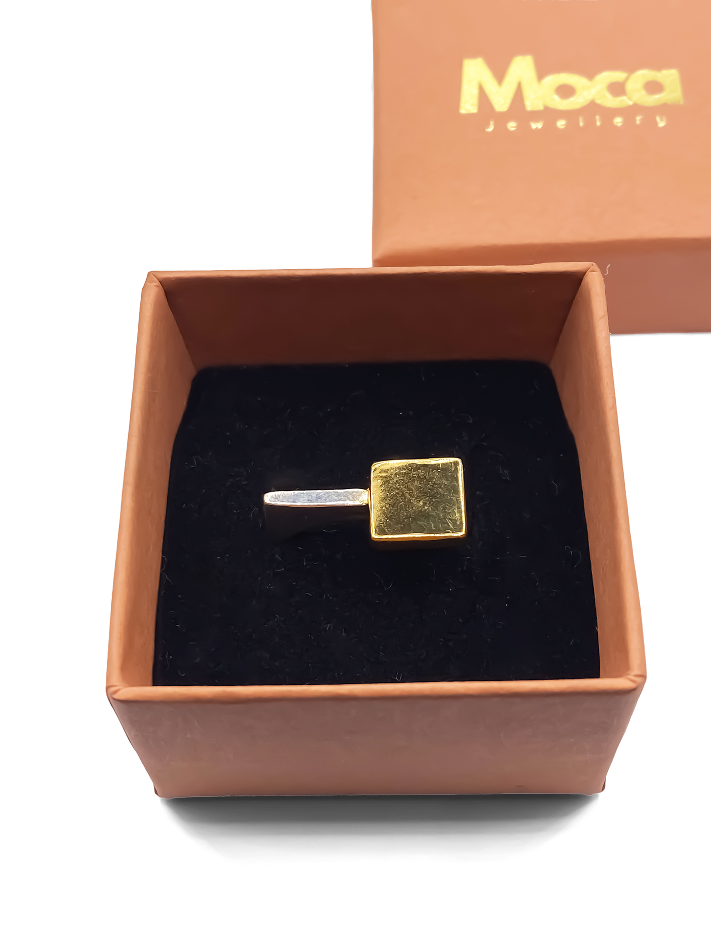 Minimalist handmade square ring, sleek design in gold and silver from MOCA Jewellery
