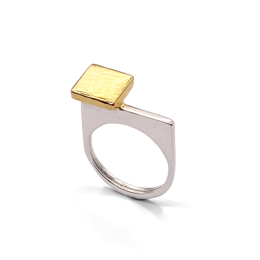 Modern abstract square gold top ring, silver band, by MOCA Jewellery