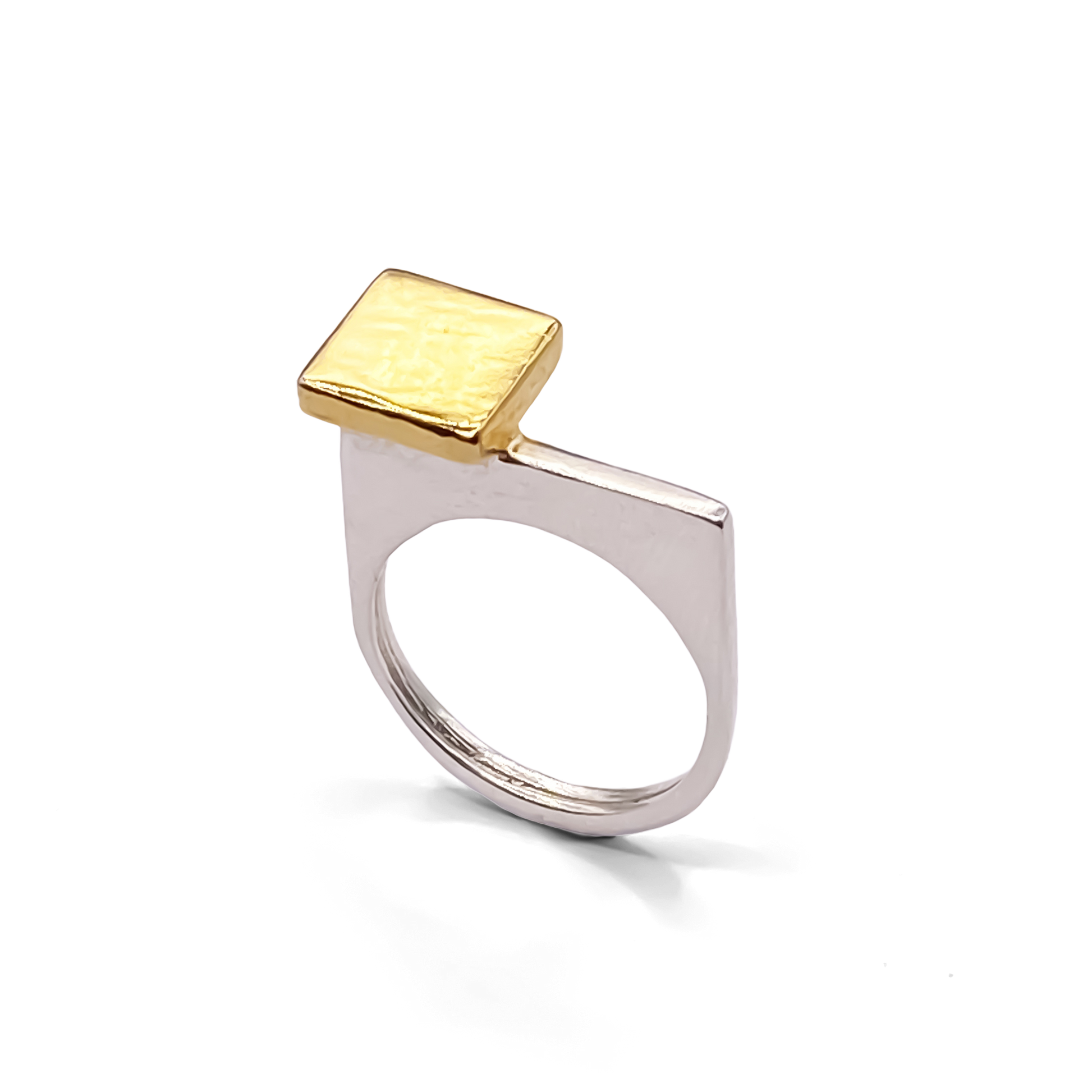 Modern abstract square gold top ring, silver band, by MOCA Jewellery