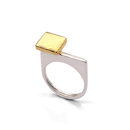 Modern abstract square gold top ring, silver band, by MOCA Jewellery
