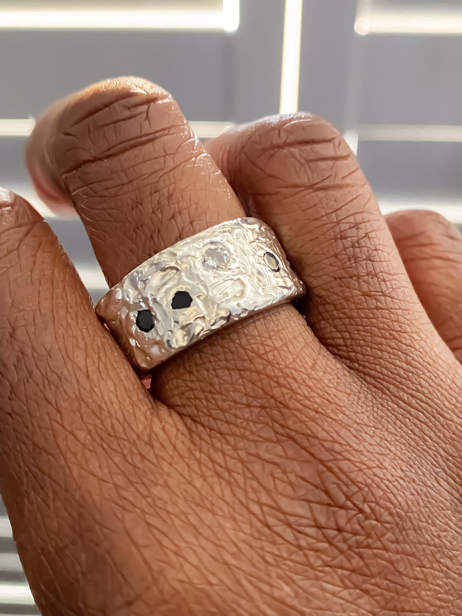 Two Stone Set Bands stacked on one finger - textured band white and black gemstones gold or silver free shipping