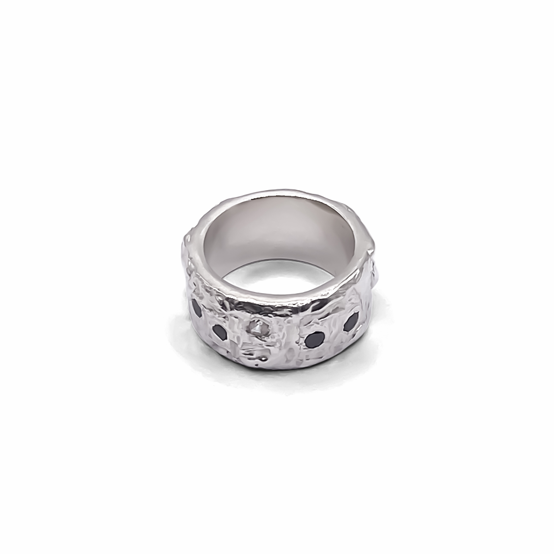 Stone Set Band frontal view in silver - textured band white and black gemstones gold or silver free shipping