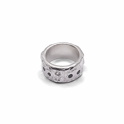 Stone Set Band frontal view in silver - textured band white and black gemstones gold or silver free shipping