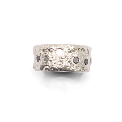 Polished silver version of the Stone Set Band - textured band white and black gemstones gold or silver free shipping