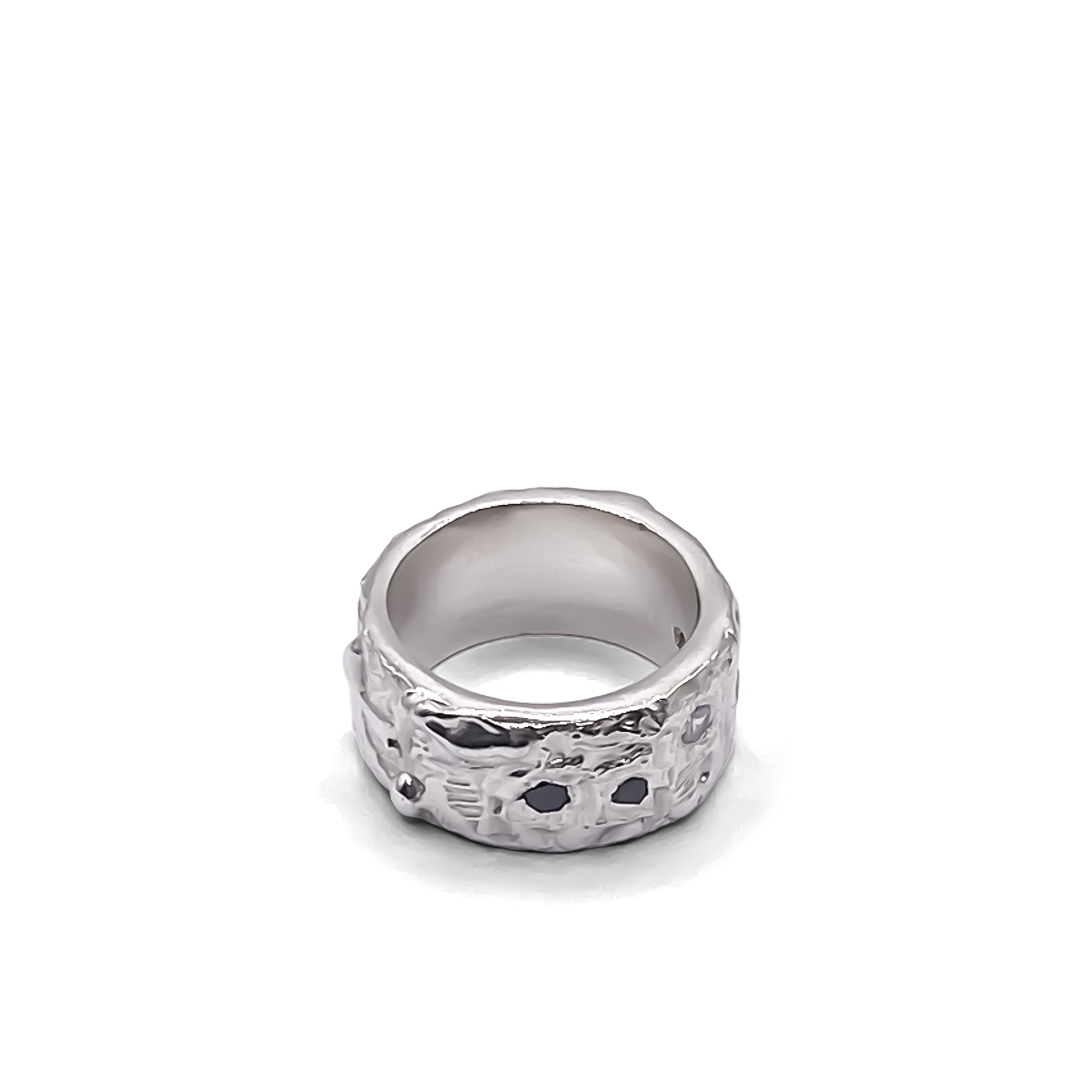 Side profile of Stone Set Band showing gemstone settings - textured band white and black gemstones gold or silver free shipping