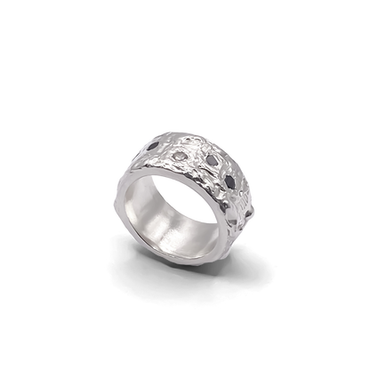 Top-down view showing the textured stone-set band - textured band white and black gemstones gold or silver free shipping